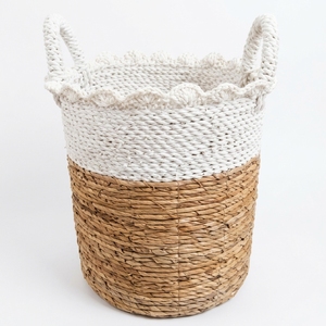 Natural Fiber Storage Baskets Scalloped Woven Bin Handcrafted Laundry <b>Hamper</b> Balinese Artisan Two Tone Organizer Boho Home Decor - Product Image 1