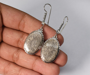 Natural Black Coral fossil, Agatized Coral 925 <b>Solid</b> Sterling <b>Silver</b> <b>Earrings</b> - Product Image 3