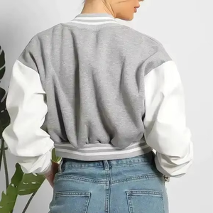 Pink White Varsity Jacket Cropped Preppy Style <b>Button</b> Front Regular Sleeve Solid Color Autumn Wear Unisex Fleece Material - Product Image 6