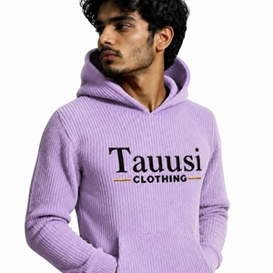 Sudadera con capucha de punto acanalado morado para hombre, de la mejor calidad, hecha a medida, con logo frontal y bolsillos, suéter de punto para otoño. - Product Image 4
