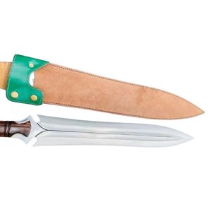 Cuchillo con mango de madera y hoja de acero inoxidable de filo recto, cuchillo de caza grueso con funda de cuero y ribete verde - Product Image 1