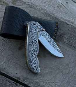 Couteau de poche pliant artisanal en acier au carbone gravé pour l'extérieur, manche gravé en acier inoxydable OEM, couteau tactique de camping DIY OEM - Product Image 2