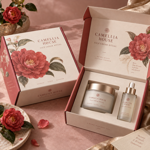 Boîte d'emballage en carton ondulé imprimée personnalisée CAMELLIA pour crème visage - Product Image 1