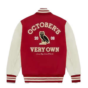 Chaqueta Varsity Roja Estilo OVO de Alta Calidad Personalizable para Hombre, Chaqueta Universitaria con Mangas de Cuero para Béisbol - Product Image 4