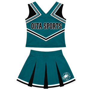 Uniforme de cheerleading bleu sarcelle foncé, noir et blanc, avec haut court sans manches à col en V et jupe plissée, pour spectacle de danse et équipe de cheerleading - Product Image 1