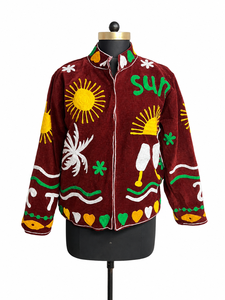 Hand Embroidered Corduroy <b>Jacket</b> <b>Mandarin</b> <b>Collar</b> Full Sleeve Zipper Closure Summer Vacation Style Women's <b>Jacket</b> - Product Image 1