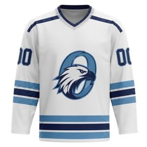 Men White Navy Blue Sublimated Ice Hockey Printable Polyester V Neck Jersey Long Sleeve <b>Athletic</b> Sports Uniform Apparel - Product Image 1
