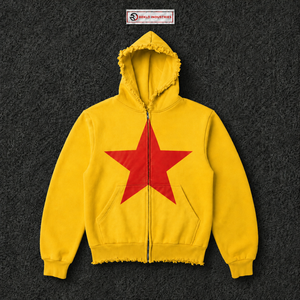 <b>Yellow</b> Oversized Zip Up <b>Hoodie</b> With Red Star Print Distressed Edge Streetwear Unisex Loose Fit Full Zipper Hooded Sweatshirt Fit - Product Image 5