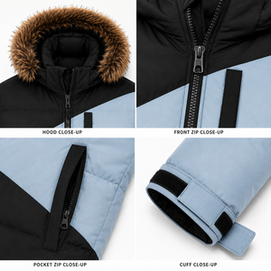 Factory Custom <b>Mens</b> Puffer <b>Coat</b> Two Tone Color Block Ripstop Jacket Warm Insulation Adjustable Cuffs <b>Hooded</b> - Product Image 4