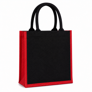 Sac fourre-tout en jute à motif géométrique, noir et rouge, taille moyenne, avec poignée longue, pour usage quotidien, cadeau et fêtes - Product Image 3