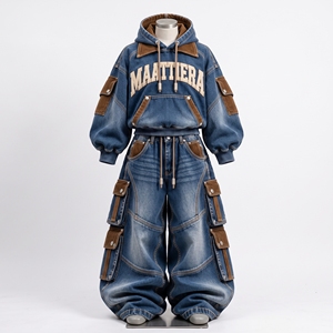 Conjunto de Sudadera con Capucha de Mezclilla Azul Lavada y Jeans Cargo Holgados para Mujer con Bolsillos de Contraste de Pana Marrón, Estilo Urbano, Proveedor Mayorista - Product Image 5