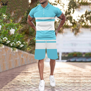 Conjunto de Verano de Alta Calidad para Hombre, Precio al por Mayor, Conjunto de 2 Piezas de Camiseta Polo y Pantalones Cortos Azul Cielo, Estilo Casual con Parches - Product Image 5