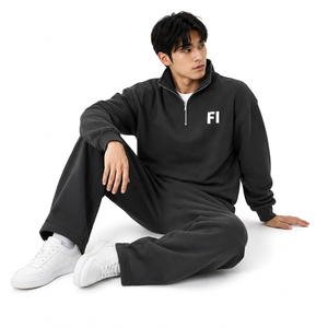 <b>Men's</b> Black Quarter-Zip 100% Cotton Breathable Sweatshirt Track Pant Set Relaxed Fit Winter Streetwear Casual Sportswear Custom - Product Image 4