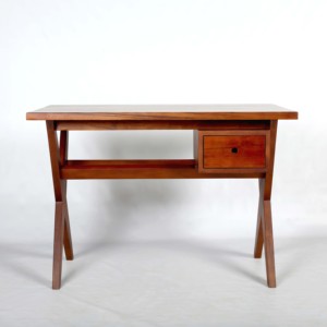 Ensemble bureau et chaise de bureau en bois massif de style moderne du milieu du siècle, avec pieds en X, table d'écriture faite à la main avec cannage en rotin et tiroir - Product Image 4