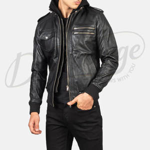 Blouson aviateur en cuir véritable noir de qualité supérieure pour homme avec capuche amovible - Coupe ajustée en peau de mouton véritable, manteau décontracté multi-poches - Product Image 6