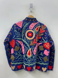 Chaqueta de terciopelo azul real para mujer, bordada a mano con diseño floral Suzani, abrigo corto con forro de algodón, reversible. - Product Image 2