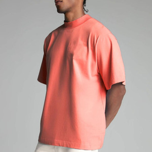 Men's Coral Solid Color Short Sleeve Cotton mock neck T-<b>Shirt</b> Regular Fit Pullover Summer Style - Product Image 3