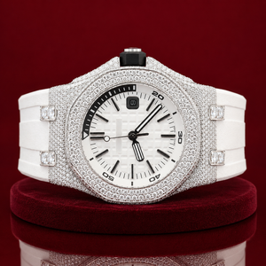 Montre chronographe de luxe pour homme sertie de moissanite |   Montre avec bracelet en caoutchouc rouge et diamants |   Montre sportive Hip Hop en or rose - Product Image 1
