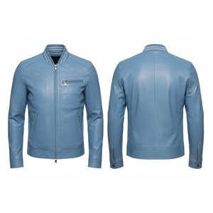 Blouson Bomber en Cuir Beige pour Homme, Col Montant, Fermeture Éclair, Épaules Matelassées, Style Sportif Moto Biker - Product Image 3
