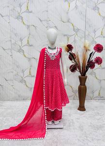 Ensemble indien pakistanais en mousseline orange pour filles, imprimé Leheriya, broderie miroir, costume Anarkali brodé, longueur cheville, tenue de fête et de festival - Product Image 6