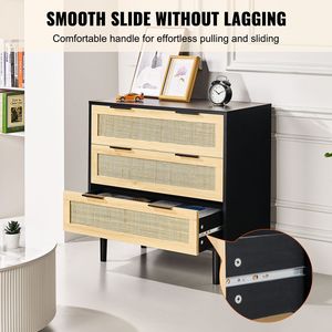 Comò Moderno a 3 Cassetti in Rattan, Cassettiera in Legno Naturale, Organizzatore per Vestiti con Stile Boho per Applicazioni in Seminterrato - Product Image 6