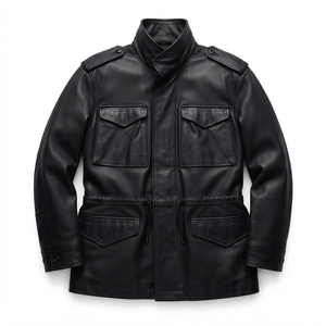 Veste de chasse d'hiver en cuir de vache véritable pour homme, noire, col montant, à capuche, matelassée, grande taille, manteau en cuir véritable, vente en gros OEM - Product Image 4