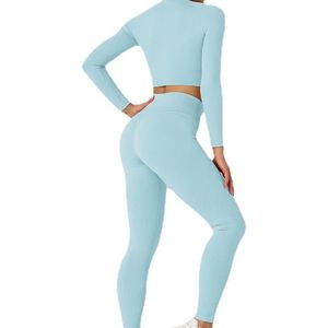 Breathable Solid Seamless Yoga Clothing Long Sleeve <b>Crop</b> <b>Top</b> High Waist Leggings Set with Front Logo Light Blue - Product Image 2