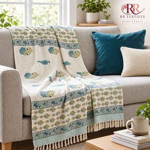 Manta de Sofá 100% Algodón con Estampado Artesanal y Borlas, Manta Floral Hecha a Mano para Sofá, Ropa de Cama Moderna, Transpirable, Decoración del Hogar para Todas las Estaciones - Product Image 5
