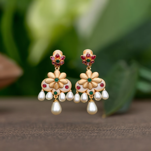 Pearl Earrings with Floral Matte Design and White Pearls - Product Image 2