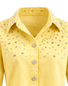Veste en jean courte jaune personnalisée pour femme avec boutons ornés de strass, manches longues, style décontracté et tendance - Product Image 3