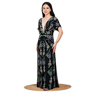 Robe longue en mousseline brodée florale, col en V profond, manches courtes, style bohème, longueur ras du sol, robe de soirée d'été - Product Image 5