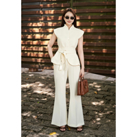 Setelan Celana Kerja Wanita Dua Potong, Atasan Berlengan Pendek Berikat Pinggang, Celana Flare, Bahan Polyester Spandex, Kerah Tegak