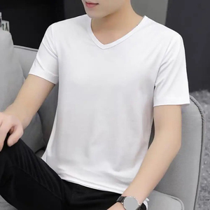 Short Sleeve <b>Men</b> V-neck T-<b>shirt</b> Ice <b>Silk</b> <b>Men</b> Casual Solid Color Top Slim Fit Pullover Daily Wear Youthful Teenager Sport Top - Product Image 1