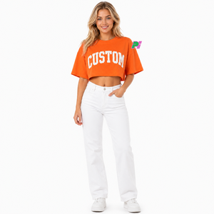 Crop top pour femme avec broderie personnalisée, col rond, manches courtes, coupe ample, t-shirt décontracté, printemps été, 100% coton, crop top d'été - Product Image 1