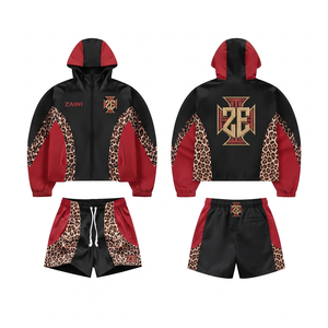 ชุดเซ็ตเสื้อแจ็คเก็ตและกางเกงขาสั้นผ้าโพลีเอสเตอร์ทาฟต้าพรีเมียม 80 GSM สีดำแดงลายเสือดาว ตัดต่อผ้าสีตัดกัน พร้อมปักโลโก้ตามสั่ง - Product Image 1