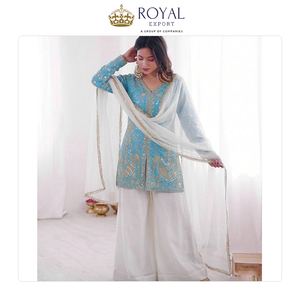 ชุดสูทชาราร่าผ้าไหมเฟนดี้ คอลเลคชั่นนักออกแบบเสื้อผ้าอินเดียสุดหรู พร้อมงานปักเลื่อมและผ้าคลุมไหล่ ขนาดใหญ่พิเศษ - Product Image 2