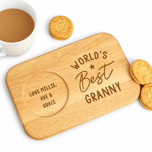 Plateau à biscuits en bois écologique moderne avec logo gravé personnalisé, plateau de service pour le petit-déjeuner en bois de caoutchouc massif, naturel - Product Image 1