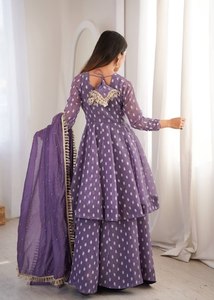 Conjunto de Salwar Kameez y Dupatta de Lino Estampado Morado, Corte Regular, Traje Étnico para Mujer, para Bodas, Fiestas y Uso Casual - Product Image 5