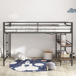 Letto a castello Adam Junior Twin Loft in nero con mensola in legno color cannella per bambini - Product Image 2