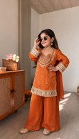 Conjunto de Salwar Dupatta Bordado TENNECY para Niñas, Estilo Tradicional Indio Pakistaní, Largo Regular, Corte Regular, Seda Chinon