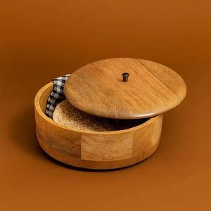 Round wooden container with natural grain patterns smooth finish matching lid with <b>square</b> knob handle handcrafted kitchen - Product Image 6