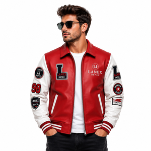 Custom Red <b>White</b> Leather Varsity <b>Jacket</b> for <b>Men</b> Premium Letterman Bomber <b>Jacket</b> with Chenille Embroidered Patches OEM Supplier - Product Image 2