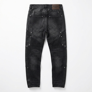 DRAVELLE INDUSTRY Jeans de moto para hombre, corte ajustado, denim oscuro, pierna recta, detalles de remaches, cintura media, estilo otoñal - Product Image 2