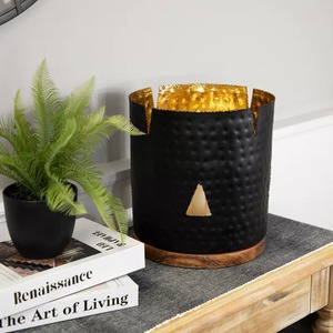 Black <b>Lantern</b> With <b>Gold</b> Interior And Wooden Base Home Decoration Heat Resistant Metal Candle Holder - Product Image 1
