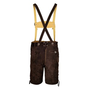 Men's Brown Lederhosen With Embroidery Floral Pattern High Waist Bermuda Shorts Casual Style Hand Embroidered <b>Suspenders</b> - Product Image 2