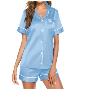 Conjunto de Pijama de Satén Azul Claro para Mujer, Manga Corta, Cuello Camisero, Cierre de Botones, Ropa de Dormir para Verano - Product Image 1