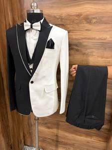 Costume de smoking 3 pièces pour homme, noir et blanc, sur mesure |   Costume de marié slim fit |   Blazer de soirée sur mesure à revers châle pour dîner formel - Product Image 2