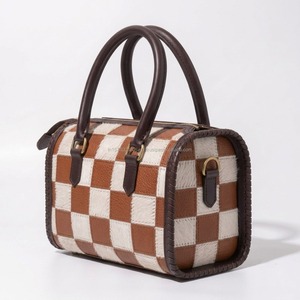 <b>Tan</b> And White Genuine Leather Checkered Hair On Patchwork Handbag Crossbody Duffel <b>Bag</b> Cowgirl Western Hair-on Hide Speedy <b>Bag</b> - Product Image 2