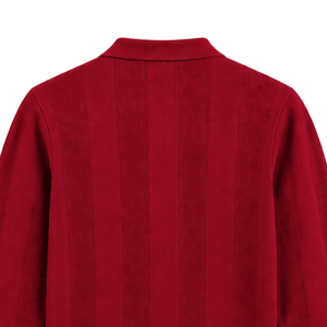 Suéter Polo Rojo Rubí para Hombre, Manga Larga, Diseño de Punto con Rayas Verticales Texturizadas, Puños Acanalados, Camisa Casual Premium - Product Image 4