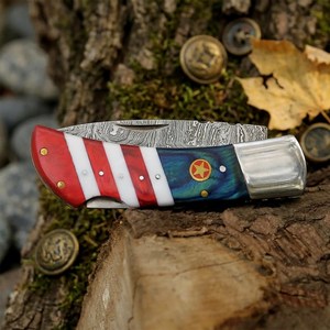 High Quality Damascus Steel Clip Point Straight Edge EDC Hunting Folding <b>Knife</b> Back Lock Mechanism Black <b>Handle</b> OEM ODM - Product Image 3